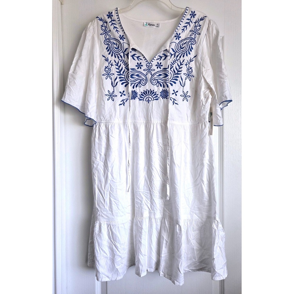 Lapogee White Blue Embroidered Boho Tiered Babydoll Dress Womens XL NWT